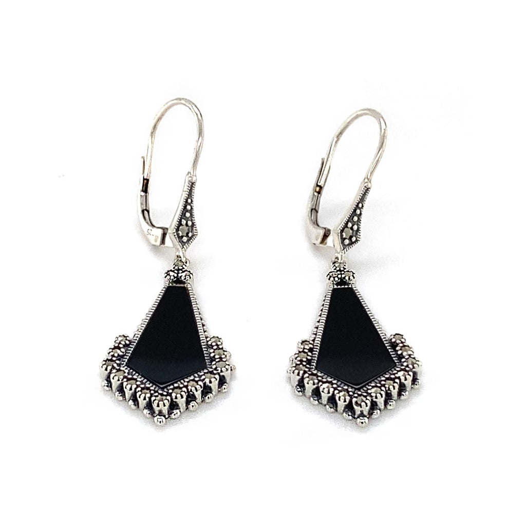 Sterling Silver Onyx and Marcasite Drop Earrings