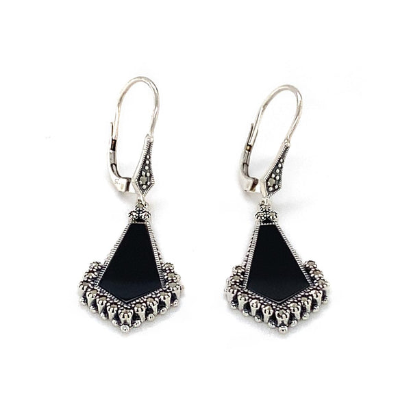 Sterling Silver Onyx and Marcasite Drop Earrings