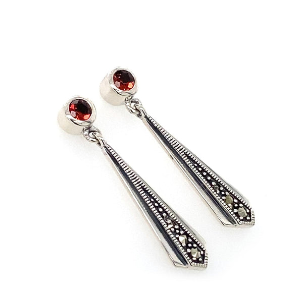Sterling Silver Antique Style Garnet And Marcasite Drop Earrings 
