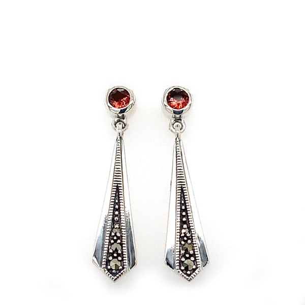 Sterling Silver Antique Style Garnet And Marcasite Drop Earrings 