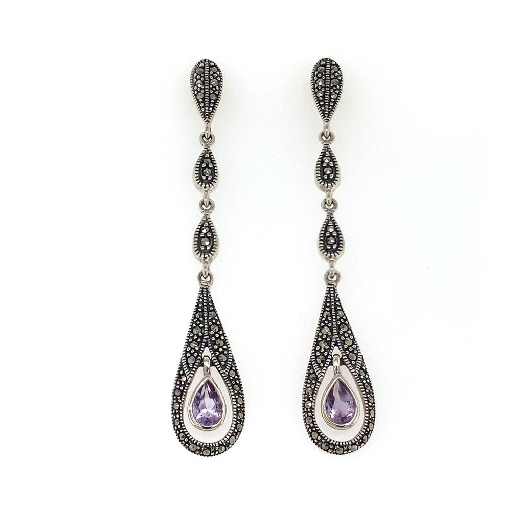 Sterling Silver Teardrop Marcasite and Amethyst Drop Earrings