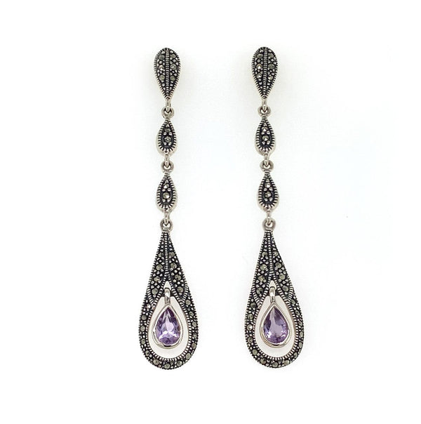 Sterling Silver Teardrop Marcasite and Amethyst Drop Earrings