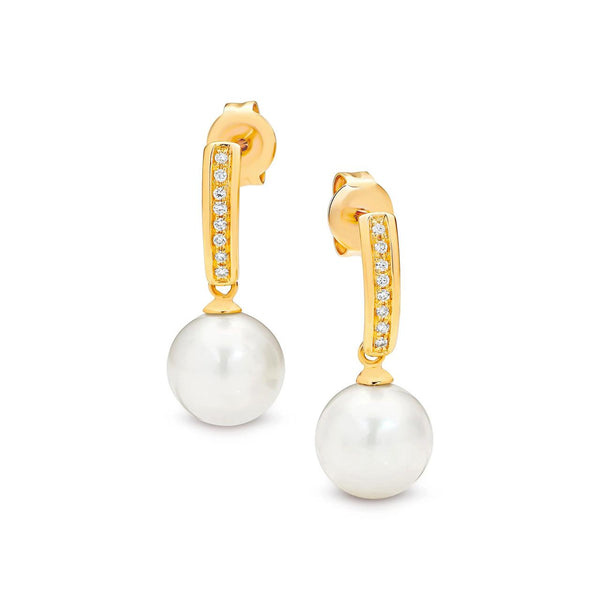 9ct Yellow Gold Diamond Set Drop Earrings With Edison Pearls