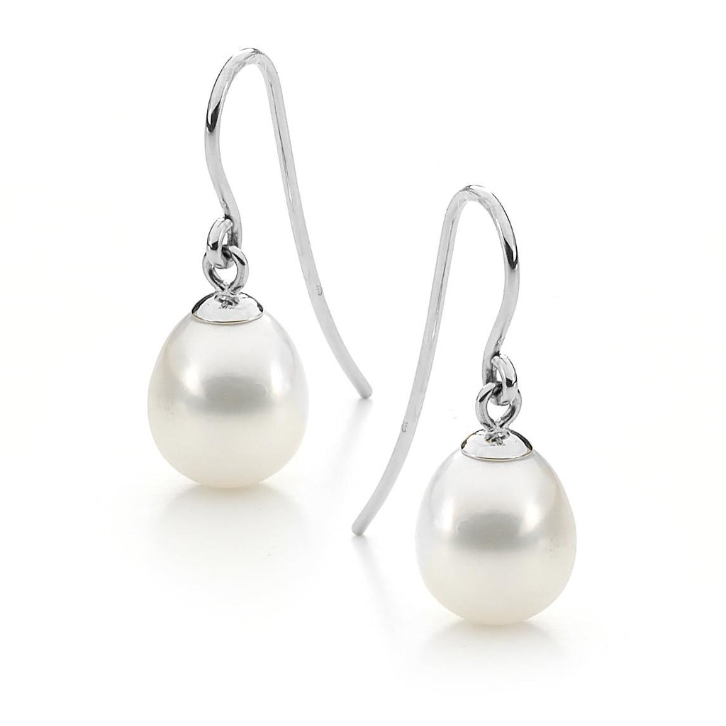 Sterling Silver White 7.5-8mm Freshwater Drop Pearls Shepherds Hook Earrings