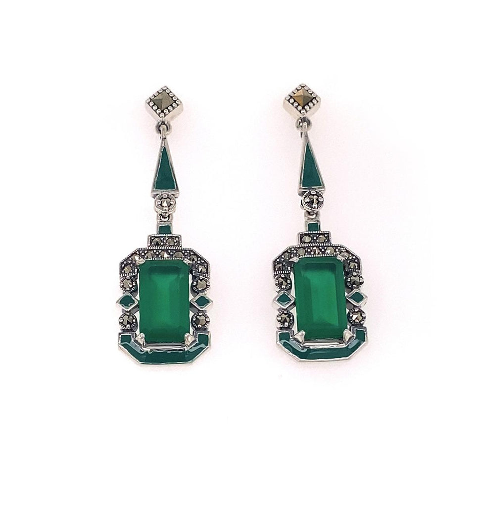 Sterling Silver Green Agate and Marcasite Drop Earrings 
