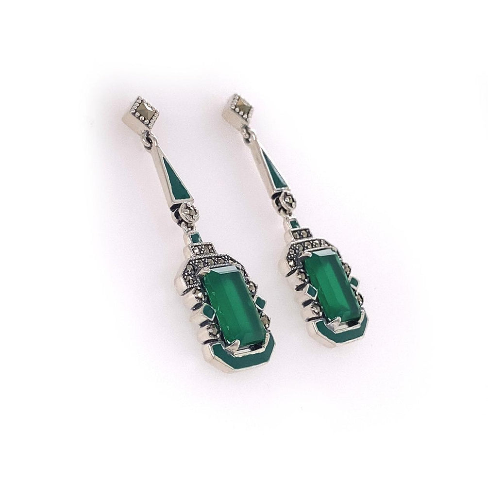 Sterling Silver Green Agate and Marcasite Drop Earrings 
