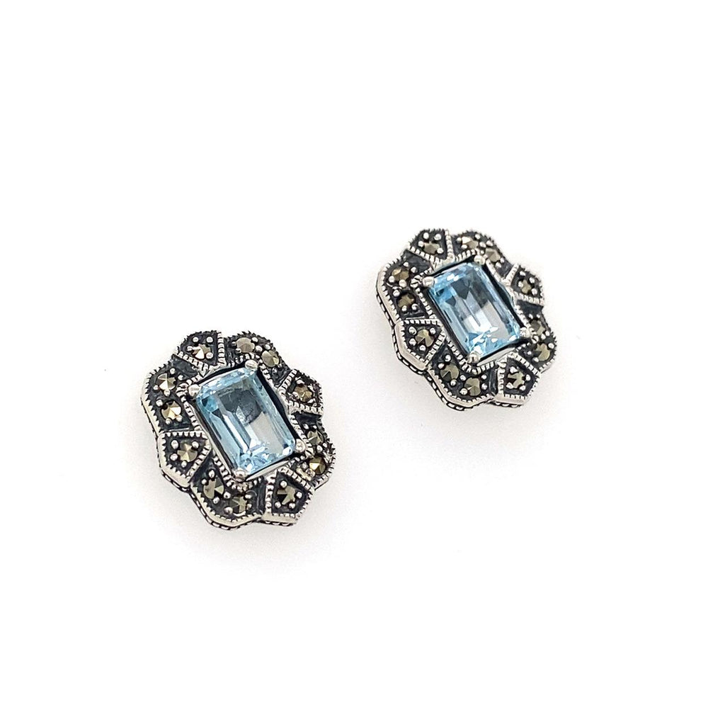  	Sterling Silver Blue Topaz and Marcasite Stud Earrings