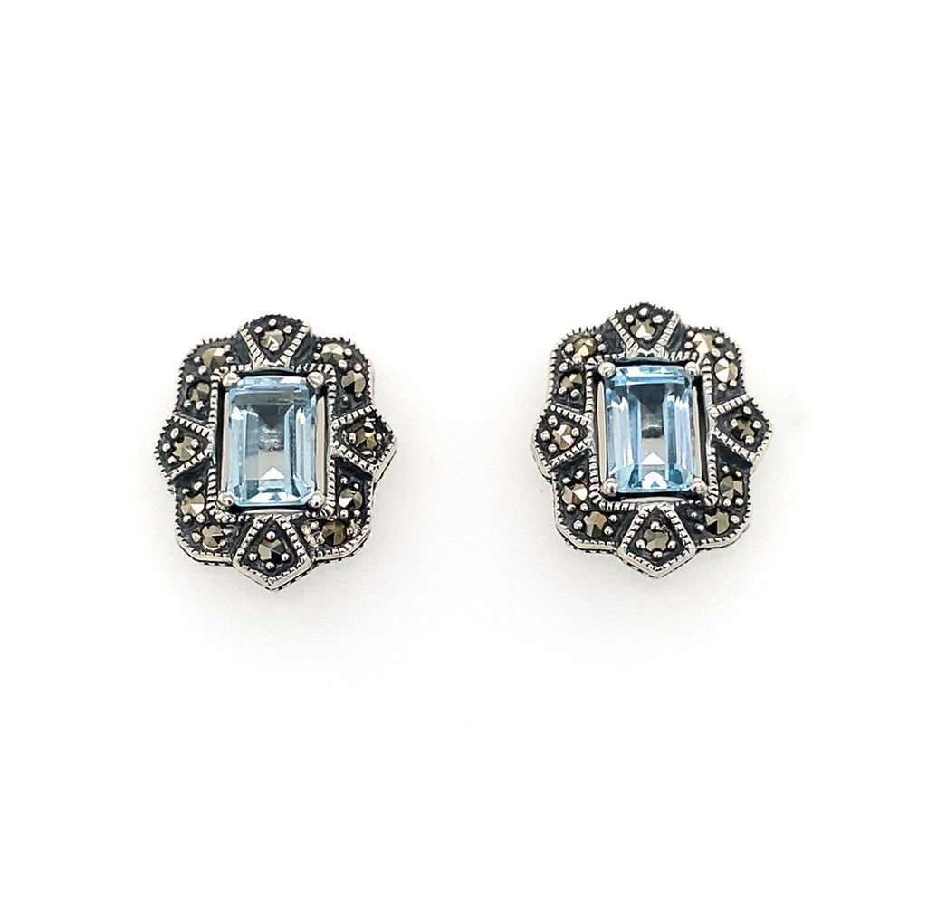  	Sterling Silver Blue Topaz and Marcasite Stud Earrings