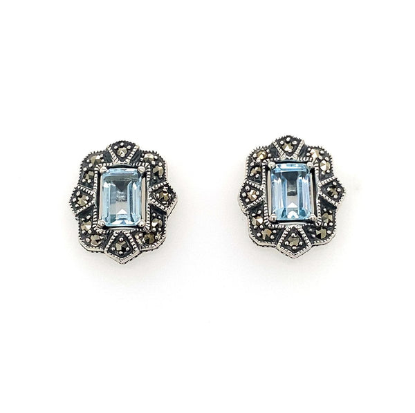  	Sterling Silver Blue Topaz and Marcasite Stud Earrings