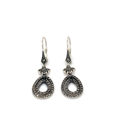 Sterling Silver Two Open Pear Shape Marcasite Drop Earrings 