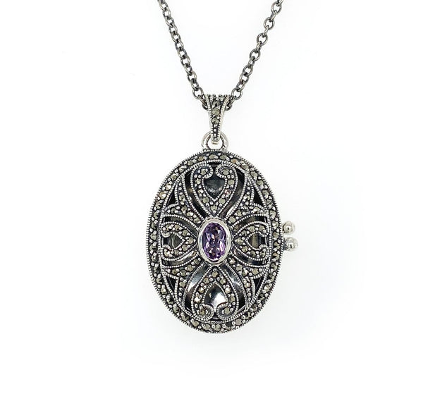  	Sterling Silver Amethyst and Marcasite Oval Locket