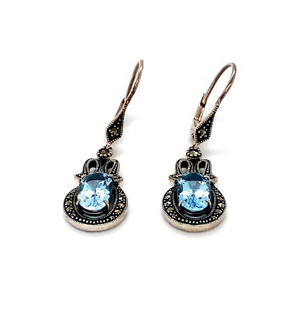 Sterling Silver Blue Topaz and Marcasite Drop Earrings