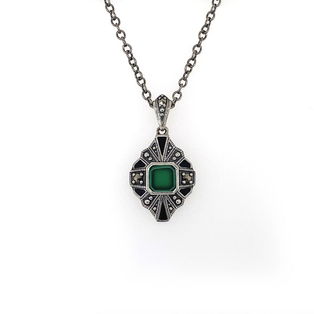 Sterling Silver Green Agate, Black Enamel and Marcasite Pendant