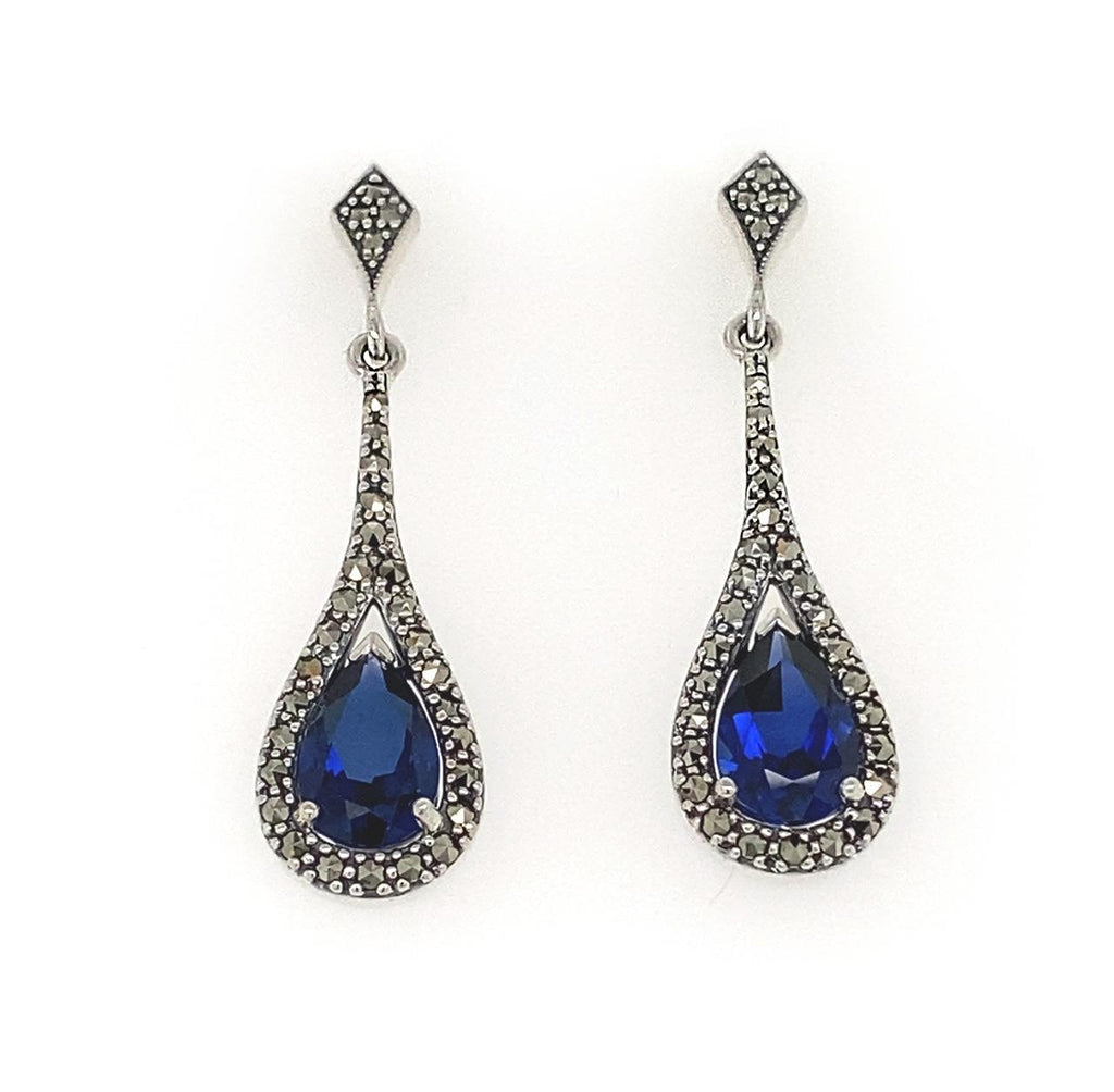 Sterling Silver Synthetic Sapphire and Marcasite Drop Earrings