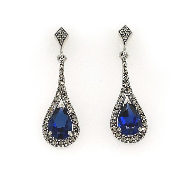 Sterling Silver Synthetic Sapphire and Marcasite Drop Earrings