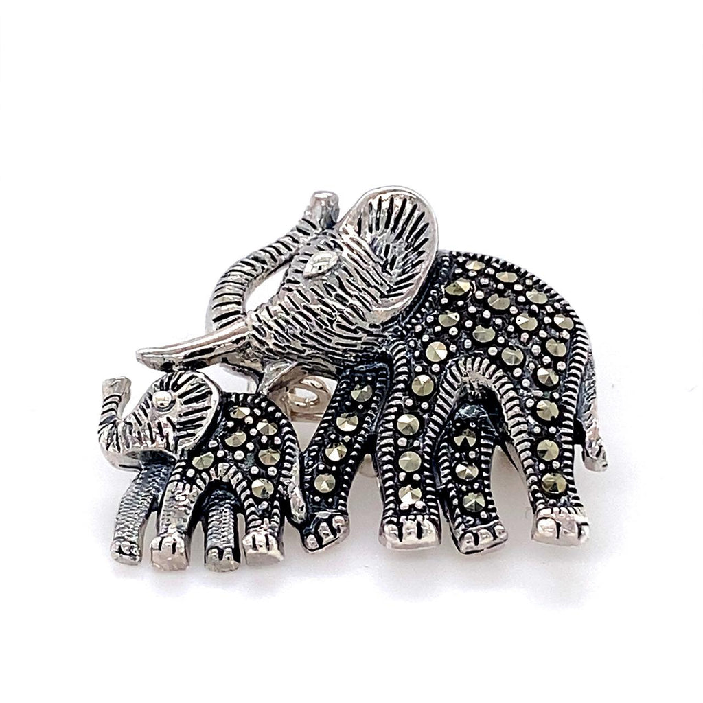 Sterling Silver Mother And Baby Marcasite Elephant Brooch