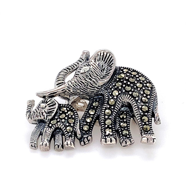 Sterling Silver Mother And Baby Marcasite Elephant Brooch