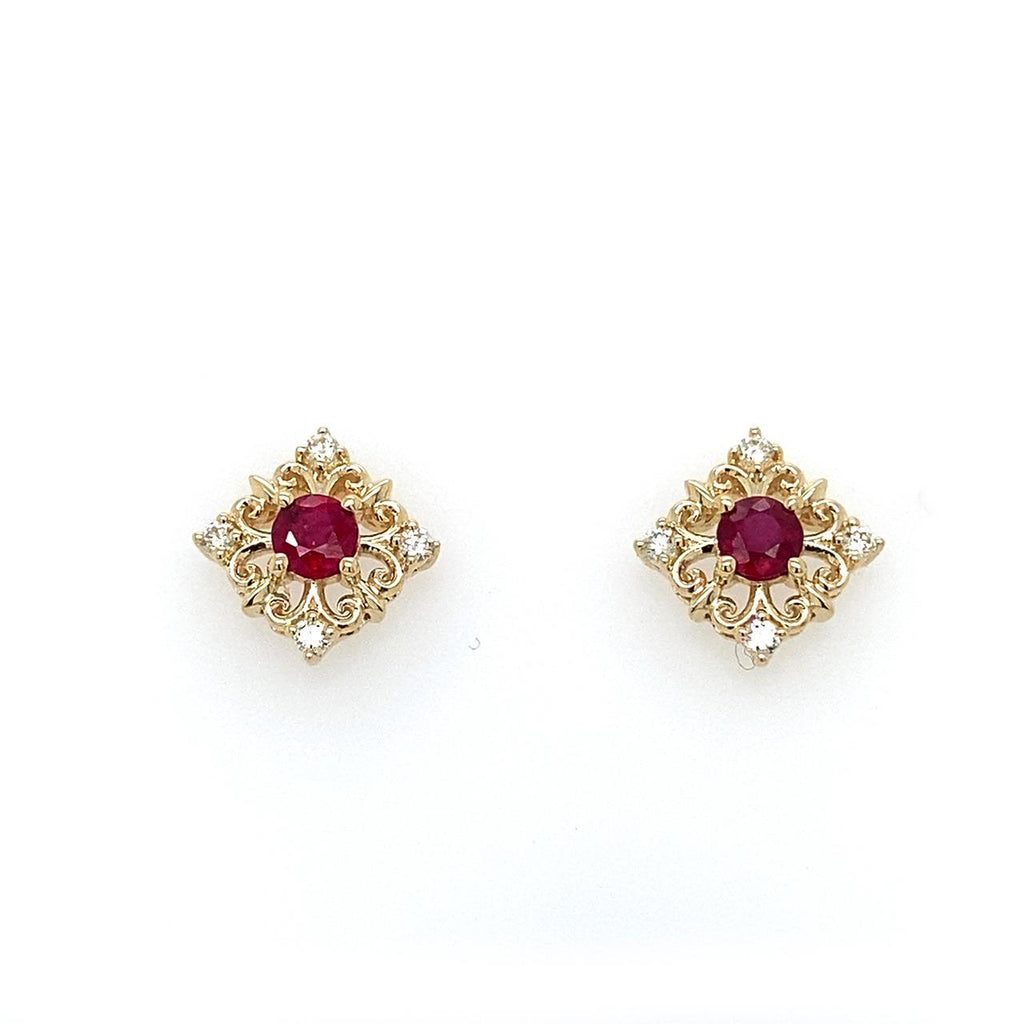 9ct Yellow Gold Natural Ruby and Diamond filigree design Stud Earrings (matching Pendant also available) 