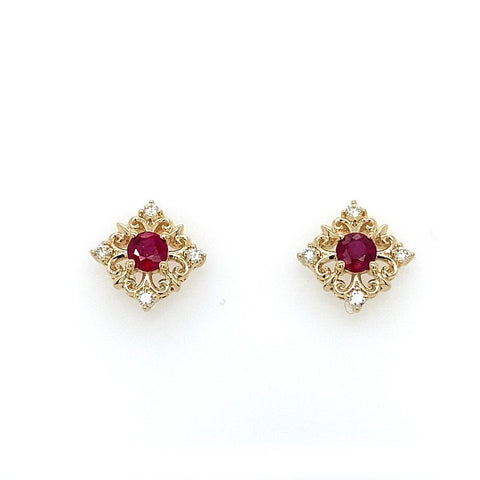 9ct Yellow Gold Natural Ruby and Diamond filigree design Stud Earrings (matching Pendant also available) 