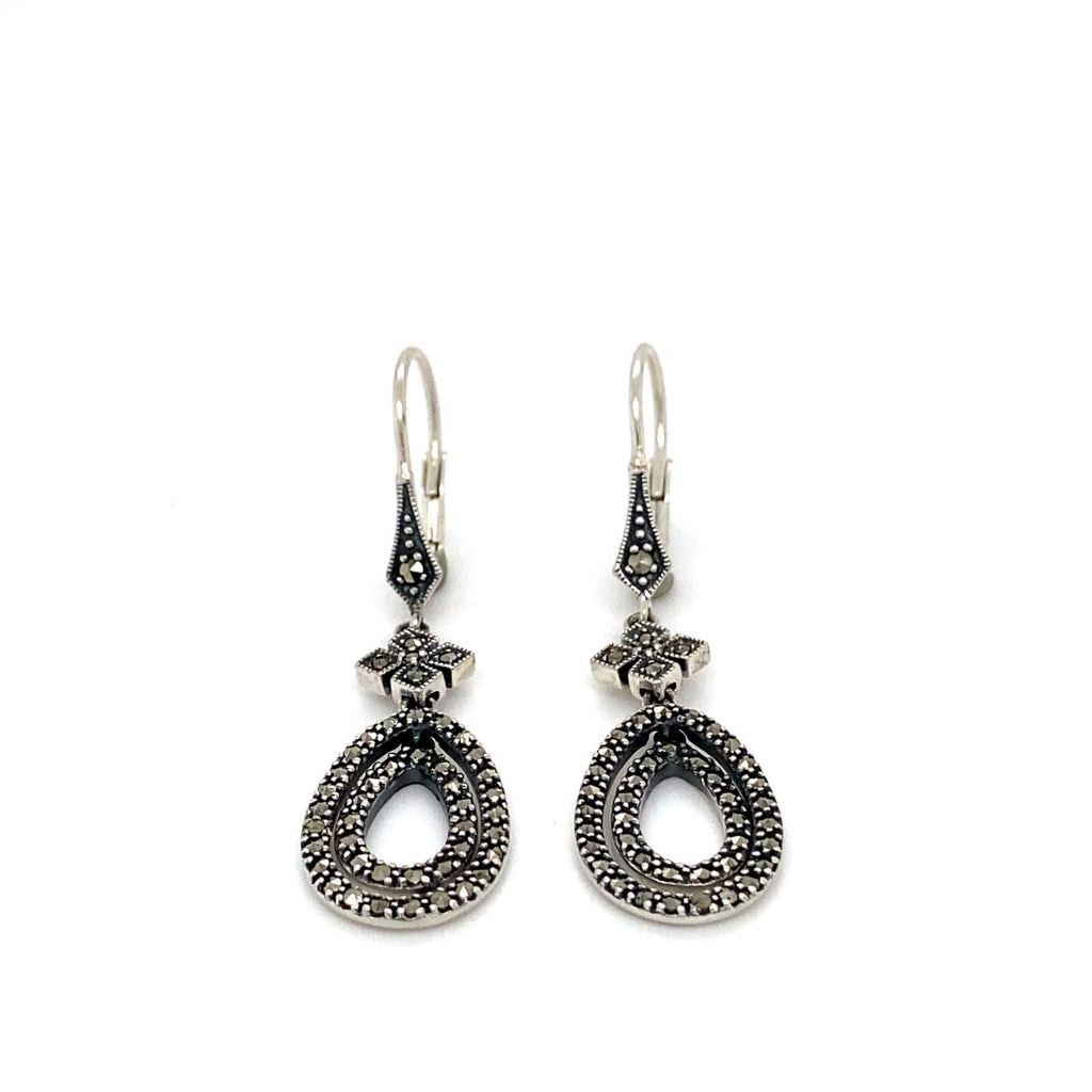 Sterling Silver Two Open Pear Shape Marcasite Drop Earrings 
