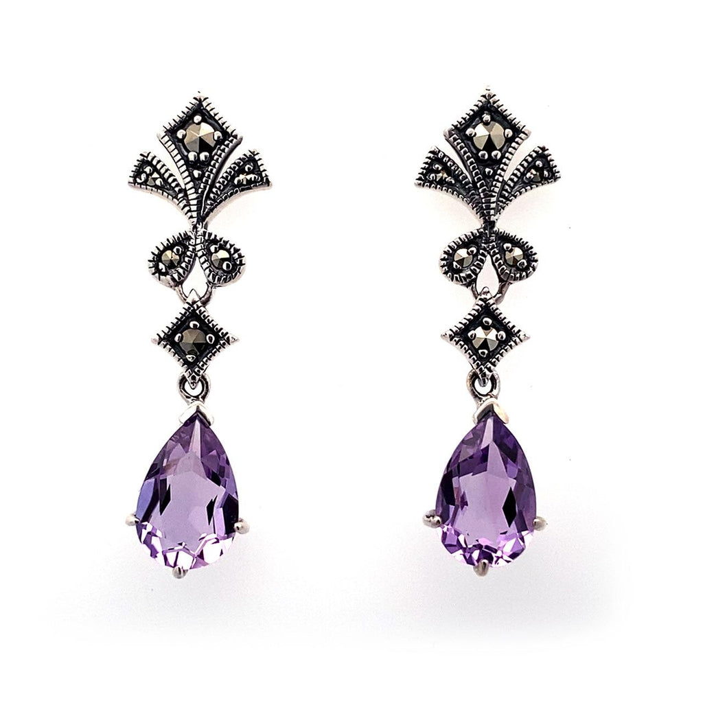 Sterling silver pear cut amethyst marcasite drop stud earrings