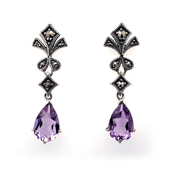 Sterling silver pear cut amethyst marcasite drop stud earrings
