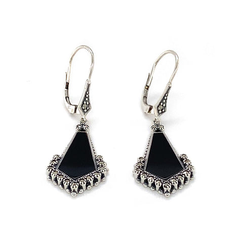Sterling Silver Onyx and Marcasite Drop Earrings