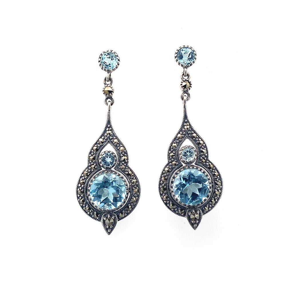 Sterling Silver Blue Topaz and Marcasite Circular Teardrop Design Earrings