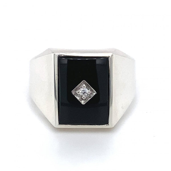 Sterling Silver Rectangular Onyx And Cubic Zirconia Gents Ring