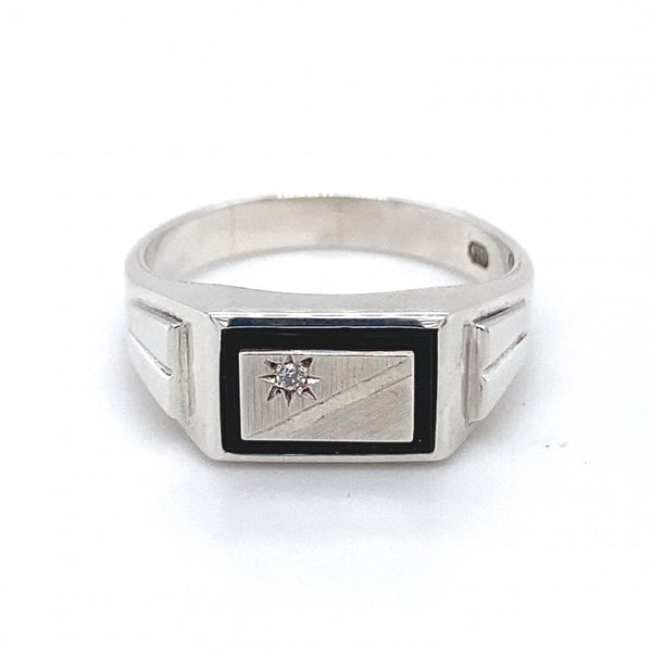 Silver Gents Signet Ring With Onyx Inlay and Cubic Zirconia