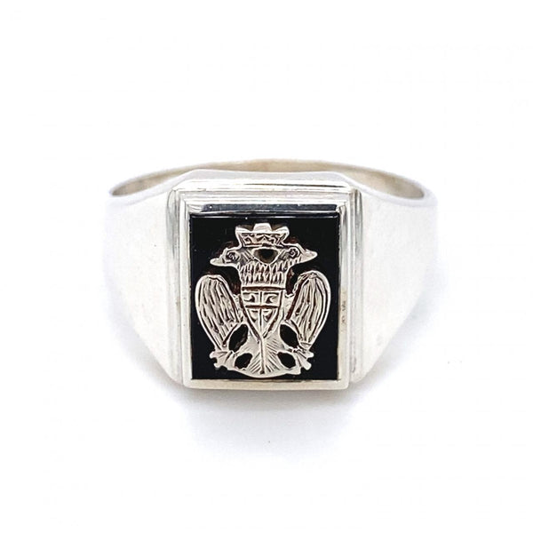 Sterling Silver Onyx Coat Of Arms Signet Ring 