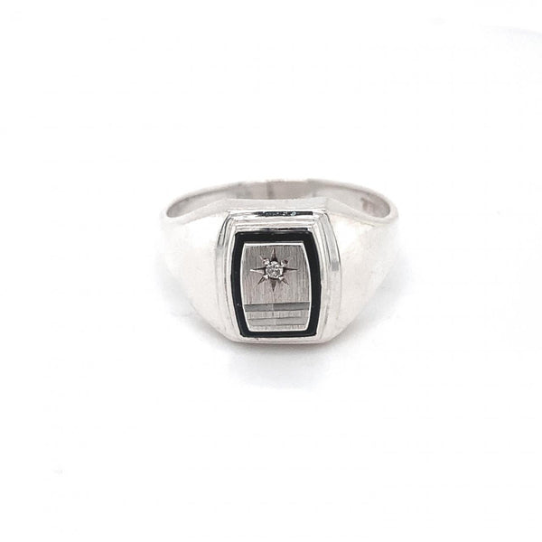 Sterling Silver Onyx Inlay And Cubic Zirconia Signet Ring