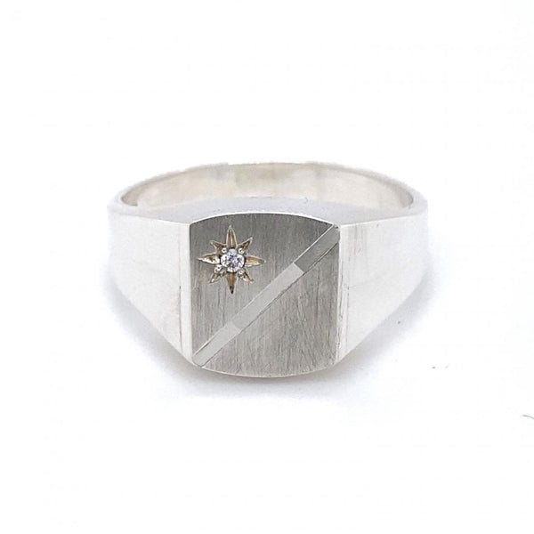 Sterling Silver Cubic Zirconia Brushed Signet Ring 
