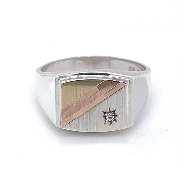 Sterling Silver Cubic Zirconia 3 Tone Signet Ring