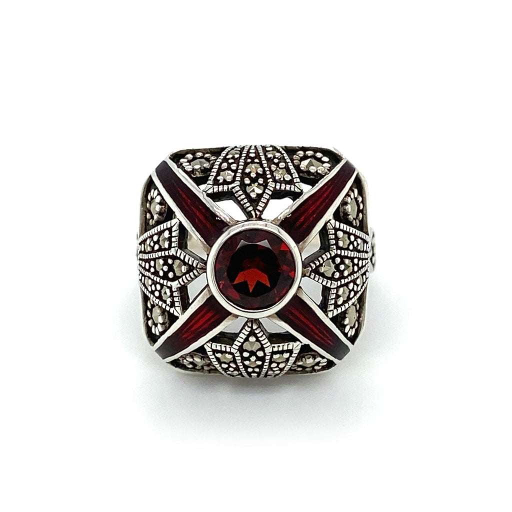 Sterling Silver Garnet and Red Enamel Marcasite Art Deco Ring