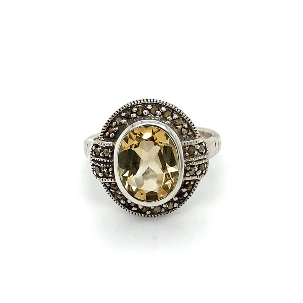 Sterling Silver Oval Citrine and Marcasite Ring