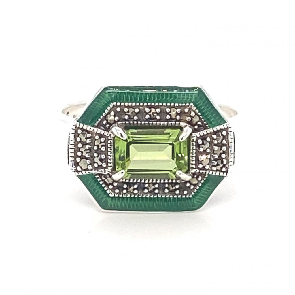 Sterling Silver Peridot And Green Enamel Marcasite Ring 