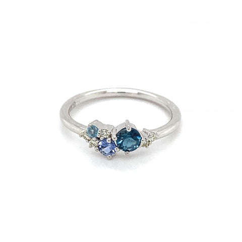9ct White Gold Ceylon Sapphire, London and Light Blue Topaz And Diamond Ring