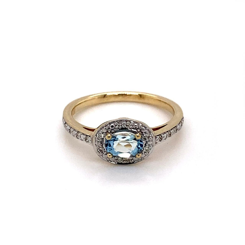 9ct Yellow Gold Aquamarine And Diamond Halo Ring