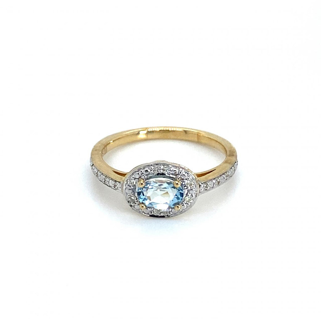 9ct Yellow Gold Aquamarine And Diamond Halo Ring