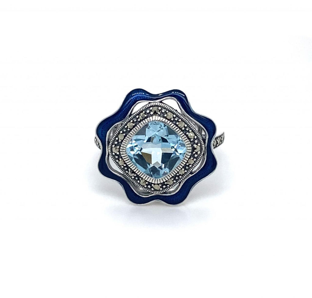 Sterling Silver Marcasite Blue Topaz And Blue Enamel Ring