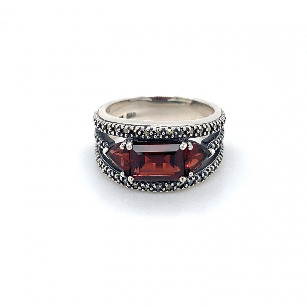 Sterling Silver Garnet Marcasite Ring
