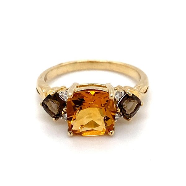 9ct Yellow Gold Cushion Cut Citrine, Smoky Quartz And Diamond Ring