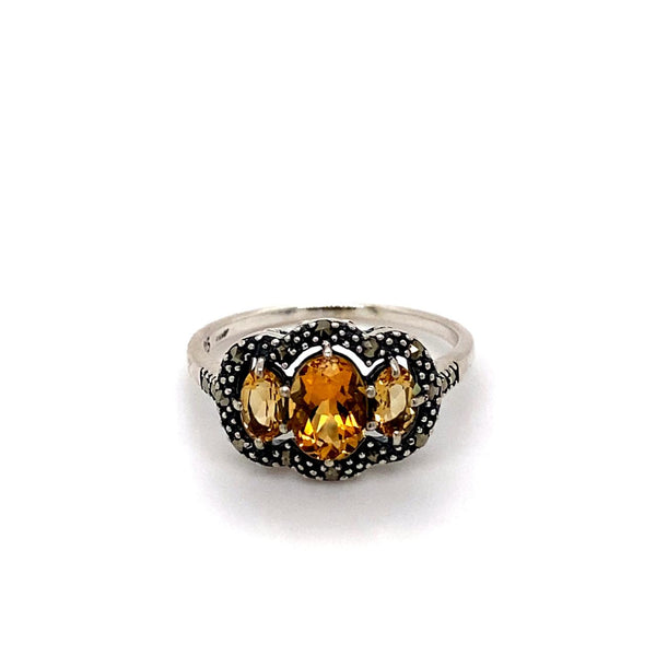 Sterling silver 3 x oval citrine gemstone and marcasite ring 