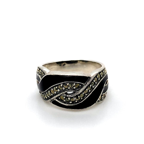  Sterling Silver Black Enamel and Marcasite Ring