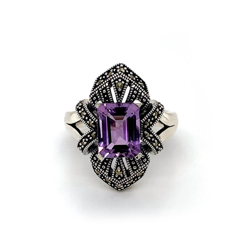 Sterling Silver Antique Style Emerald Cut Amethyst and Marcasite Ring