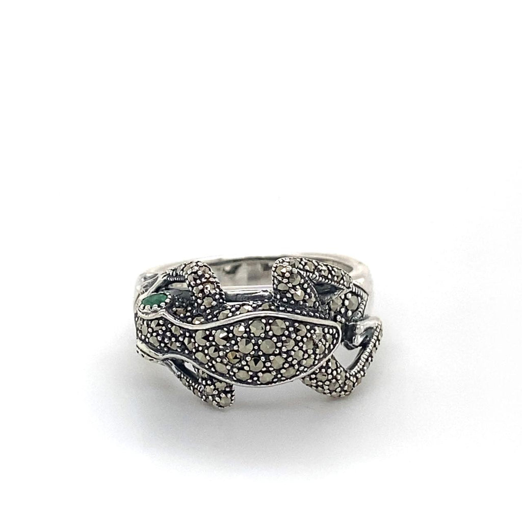 Sterling Silver Marcasite Frog Ring With Emerald Eyes