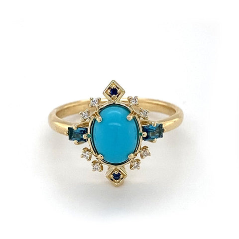 9ct Yellow Gold Turquoise, Sapphire, London Blue Topaz, LAB Diamond Ring