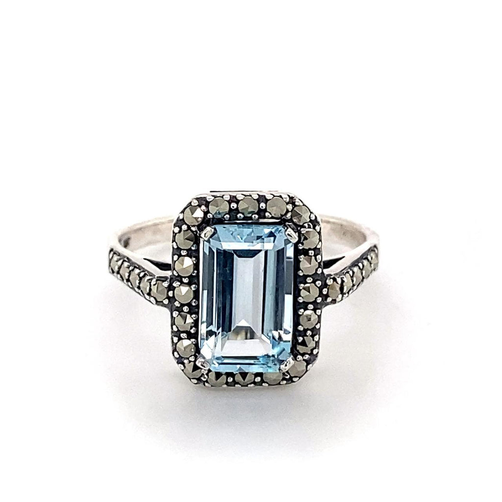 Sterling Silver antique style Ring, with Blue Topaz (10 x 6mm) emerald cut and Marcasites