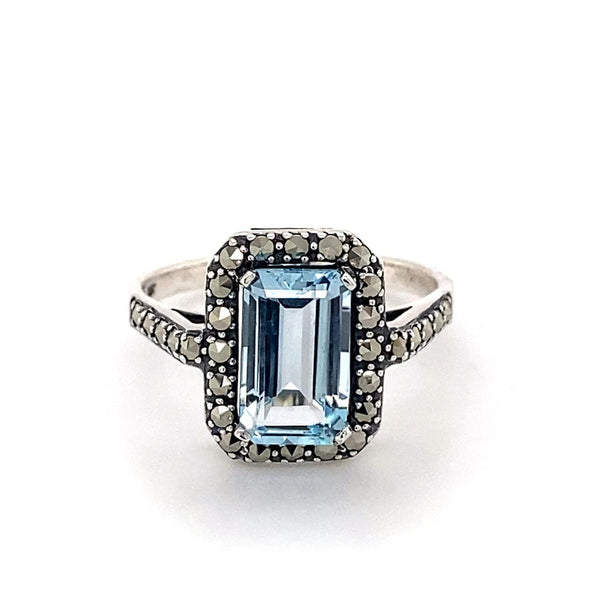Sterling Silver antique style Ring, with Blue Topaz (10 x 6mm) emerald cut and Marcasites